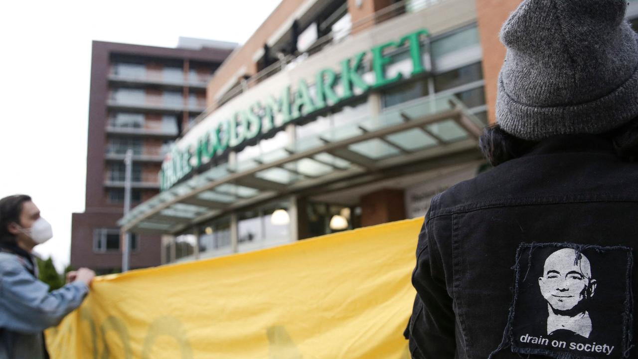 People rallied outside a Whole Foods Market in solidarity with Amazon workers in Bessemer, Alabama, who had hoped to unionise. Picture: Jason Redmond / AFP