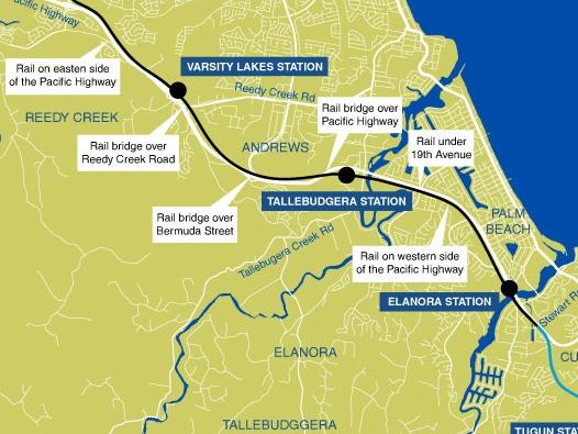 Map of the planned extension of the Gold Coast heavy rail to Gold Coast Airport