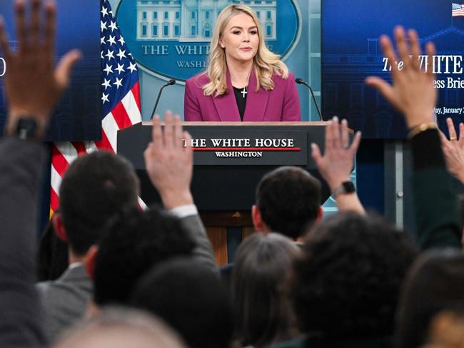 White House Press Secretary Karoline Leavitt takes questions during the daily briefing in the Brady Briefing Room of the White House in Washington, DC, on January 28, 2025. At 27-years-old, Leavitt is the youngest White House Press Secretary in history. (Photo by ROBERTO SCHMIDT / AFP)