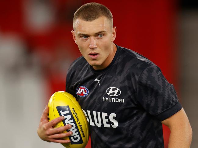 MELBOURNE, AUSTRALIA - MARCH 03: Patrick Cripps of the Blues warms up during the 2022 AFL Community Series match between the Carlton Blues and the Melbourne Demons at Marvel Stadium on March 3, 2022 In Melbourne, Australia. (Photo by Michael Willson/AFL Photos via Getty Images)