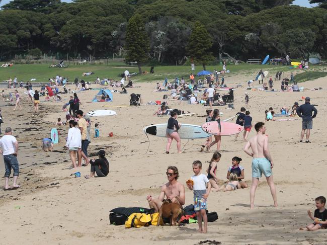 Torquay front beach was thriving on the first weekend after the easing of restrictions in regional Victoria. Picture: Peter Ristevski