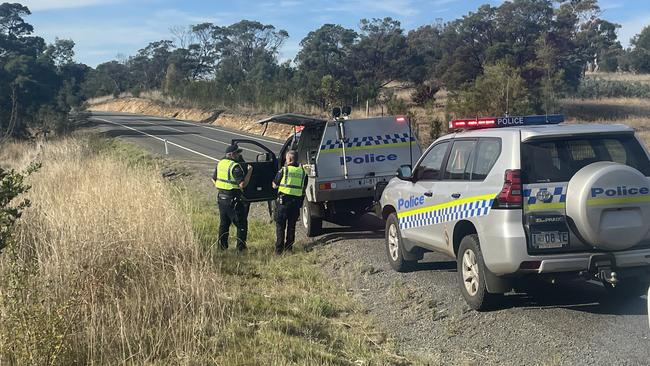 Police were called to the scene on Brinktop Road before 5pm Tuesday and arrived to find two of the vehicles involved had collided. Picture: Ed Bourke