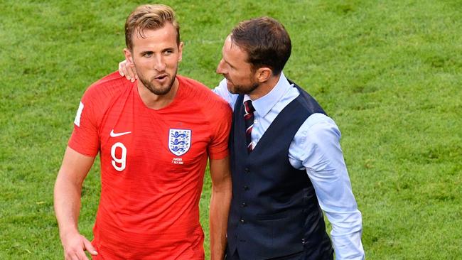 England manager Gareth Southgate with striker Harry Kane at the World Cup in Russia. Picture: AFP 