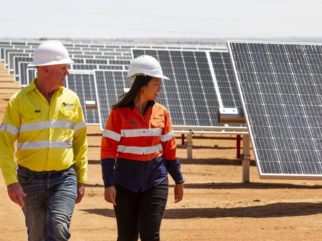 Merredin Solar Farm, Merredin (approx 250 km east of Perth WA). The biggest solar farm to date in WA with 250 ha solar panel footprint on 460 haPictured are Rod Cusbert (Construction Manager Merredin Solar Farm Risen Energy Australia) and Grace Lim En (Project Engineer Monford Group) with a section of the farm.PHOTO: MARIE NIRME