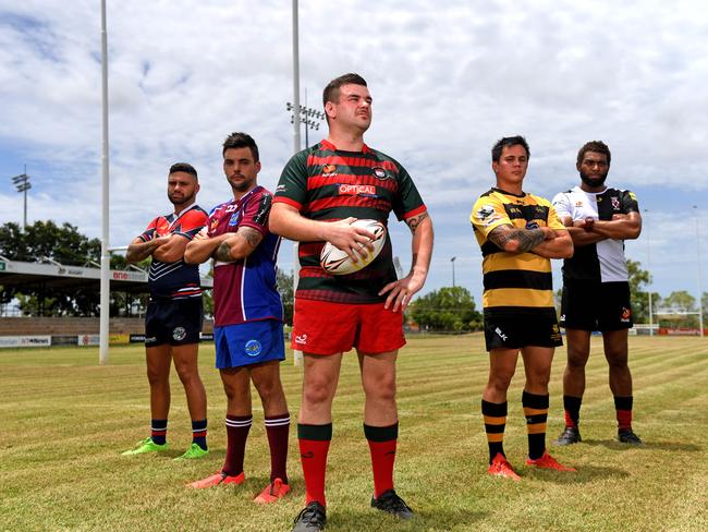 Kendall Quakawoot Ð Palmerston, Hayden Austine Ð Swampdogs, Brett Joyes Ð South Darwin,  Nigel Maher Ð Darwin Dragons and Wise Sekitoga Ð University Pirates at the launch of the 2020 Darwin Rugby Union Season.Picture: Che Chorley