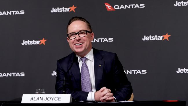 Qantas Group CEO Alan Joyce delivering the airline’s market update and announcing the largest aircraft order in Australian aviation history with Airbus. Picture: NCA NewsWire/Dylan Coker