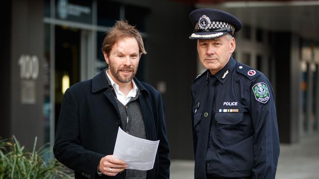 Rock throwing victim Damian De Wit with Police assistant commissioner Paul Dickson talking about the latest incidents at SA Police Headquarters. Picture: Matt Turner