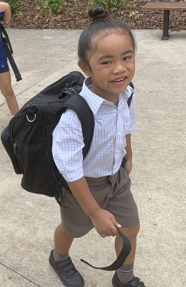 Australian Christian College Moreton has told five-year-old Cyrus Taniela he will need to cut his bun to meet school dress policies, but his traditional haircutting ceremony is not for a year. Picture: supplied