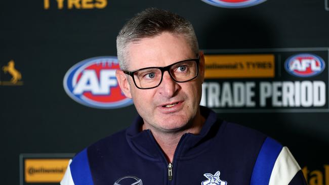 MELBOURNE, AUSTRALIA - OCTOBER 07: Brady Rawlings, North Melbourne GM of Football speaks during the 2024 Continental Tyres AFL Trade Period at Marvel Stadium on October 07, 2024 in Melbourne, Australia. (Photo by Josh Chadwick/AFL Photos via Getty Images)