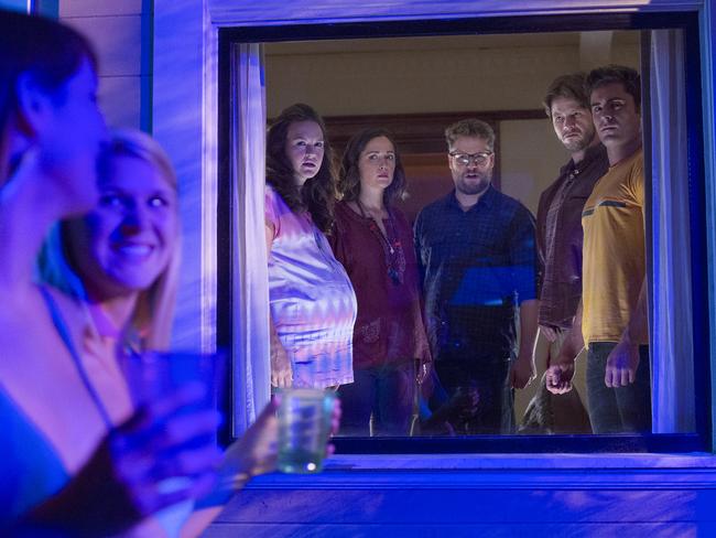 Carla Gallo, Rose Byrne, Seth Rogen, Ike Barinholtz and Zac Efron in a scene from Bad Neighbours 2: Sorority Rising. Picture: Universal Pictures via AP