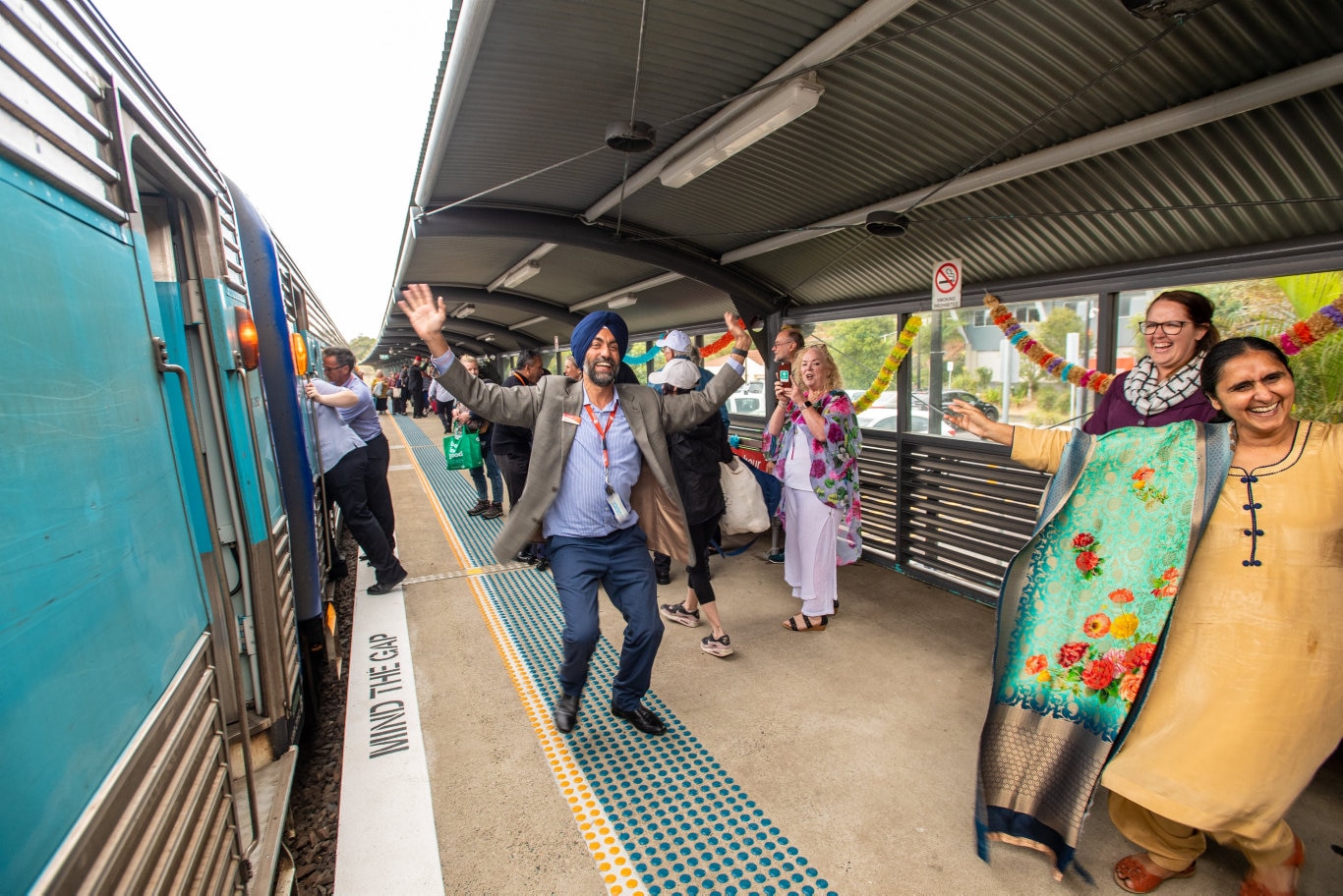 The Bollywood Express rolls into Coffs Harbour Train Station and is welcolmed by the Dance drumming of councillor John Arkan.. 26 SEPT 2019