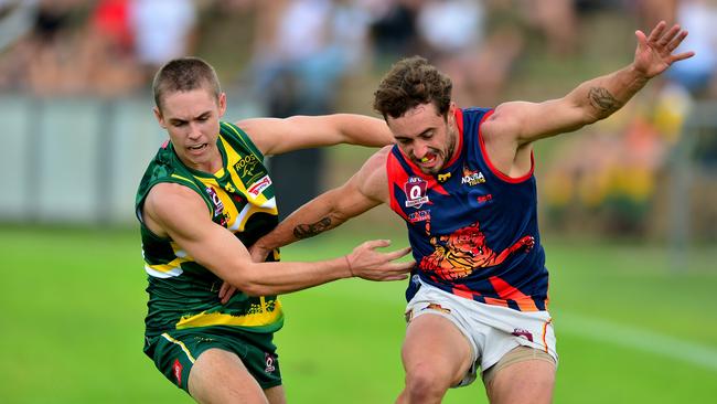 AFL action at Maroochydore between Maroochydore and Noosa. Noosa's Tyler Stack and Jackson Bury.