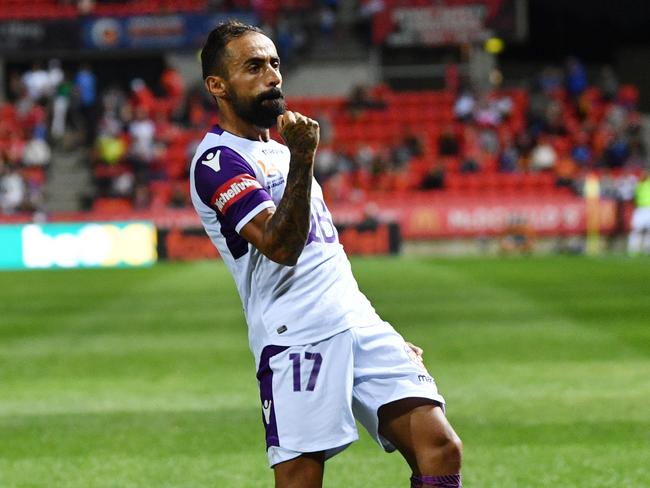 Diego Castro of Perth Glory  celebrates after during the Round 22 A League match between Adelaide United and Perth Glory at Coopers Stadium in Adelaide, Friday, March 15, 2019. (AAP Image/David Mariuz) NO ARCHIVING, EDITORIAL USE ONLY