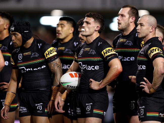 PENRITH, AUSTRALIA - AUGUST 15: Panthers players reactduring the round 24 NRL match between Penrith Panthers and Melbourne Storm at BlueBet Stadium, on August 15, 2024, in Penrith, Australia. (Photo by Brendon Thorne/Getty Images)