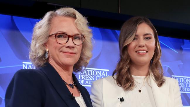 ABC journalist Laura Tingle with Brittany Higgins at the National Press Club in 2022.