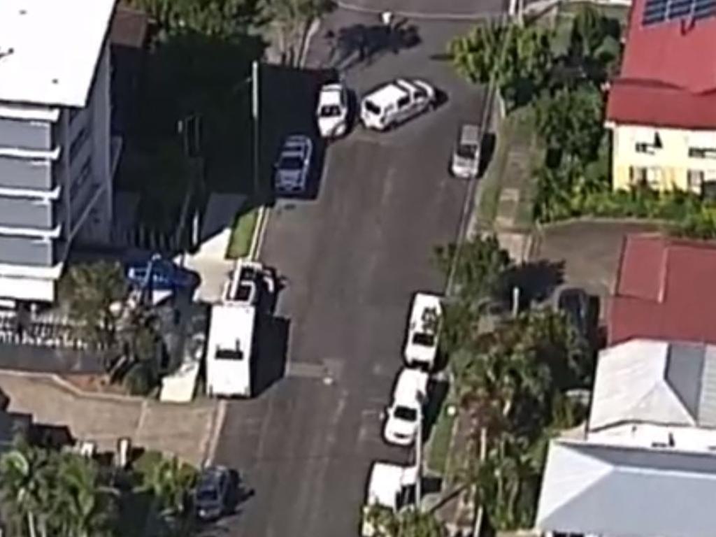 Police vehicles outside the residence in Wynnum where a male body was found on Wednesday. He was aged in his 40s. Picture: Channel Seven