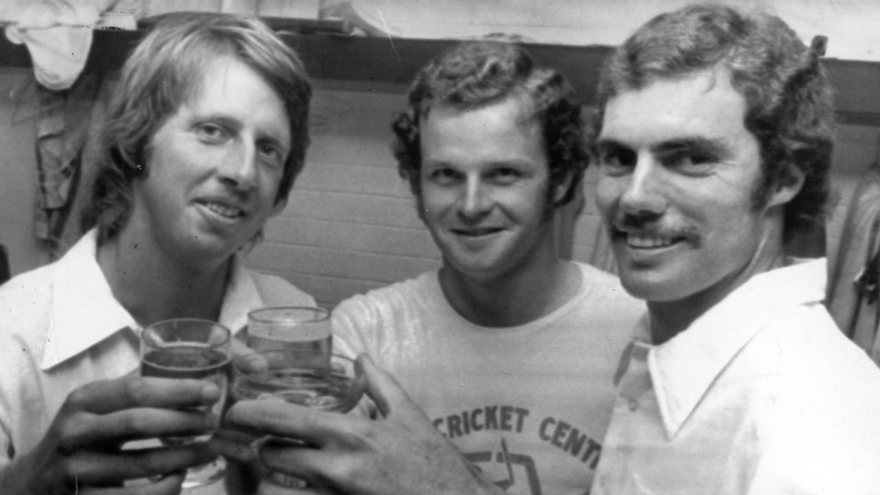 Queensland cricket players Jeff Thomson, Geoff Dymock and Greg Chappell after finishing second in the Sheffield Shield.