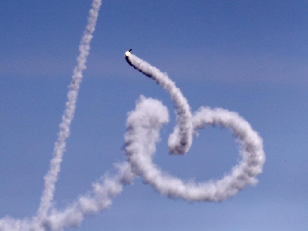 A picture taken from the southern Israeli village of Netiv Haasara shows a rocket fired from the Gaza Strip going astray on May 4, 2019. Picture: AFP