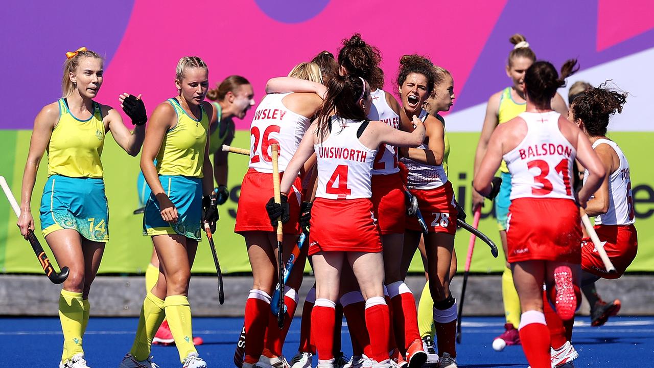 England celebrates Holly Hunt’s goal. Photo by Mark Kolbe/Getty Images.