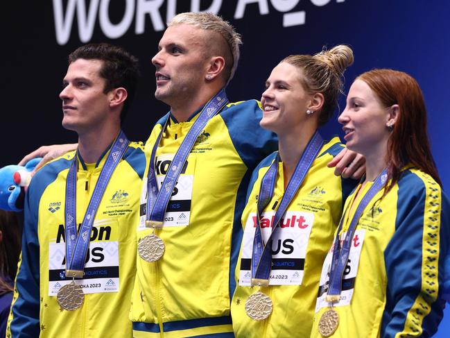 FUKUOKA, JAPAN - JULY 29: Gold medallists Jack Cartwright, Kyle Chalmers, Shayna Jack and Mollie O'Callaghan of Team Australia pose in the Mixed 4 x 100m Freestyle Relay Final on day seven of the Fukuoka 2023 World Aquatics Championships at Marine Messe Fukuoka Hall A on July 29, 2023 in Fukuoka, Japan. (Photo by Clive Rose/Getty Images)