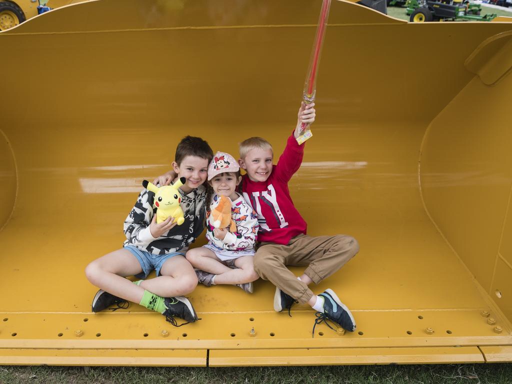 Cousins (from left) Caden Humphreys, Alexis Humphreys and William Harrison at the Toowoomba Royal Show, Saturday, April 1, 2023. Picture: Kevin Farmer