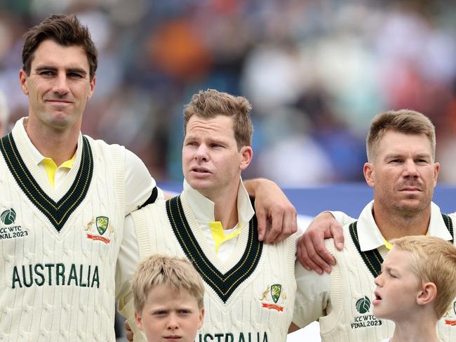 LONDON, ENGLAND - JUNE 07: Pat Cummins, Steve Smith, David Warner and Alex Carey of Australia stand during the national anthem during day one of the ICC World Test Championship Final between Australia and India at The Oval on June 07, 2023 in London, England. (Photo by Ryan Pierse/Getty Images)