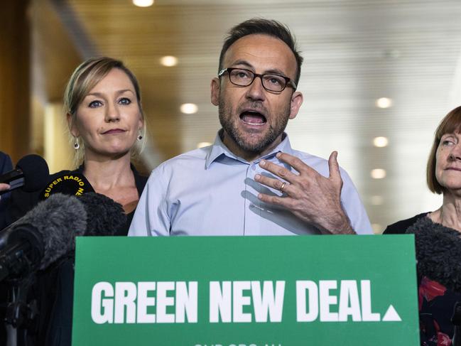 Adam Bandt is the new leader of the Australian Greens, elected unopposed after Richard Di Natale resigned.Senator Larissa Waters has been appointed Senate leader and co-deputy, while Nick McKim was voted as deputy Senate leader and co-deputy after the 10-member Greens party room met to elect a new leadership team this morning. Senator Rachel Siewert, Party Whip, joined the trio at a press conference at Parliament House in Canberra. Picture Gary Ramage