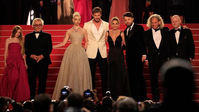 Australian actress Alyla Browne, George Miller, Anya Taylor-Joy, Chris Hemsworth, Elsa Pataky, Tom Burke, and Doug Mitchell pose after for the screening of the film Furiosa. Picture: Valery Hache/AFP