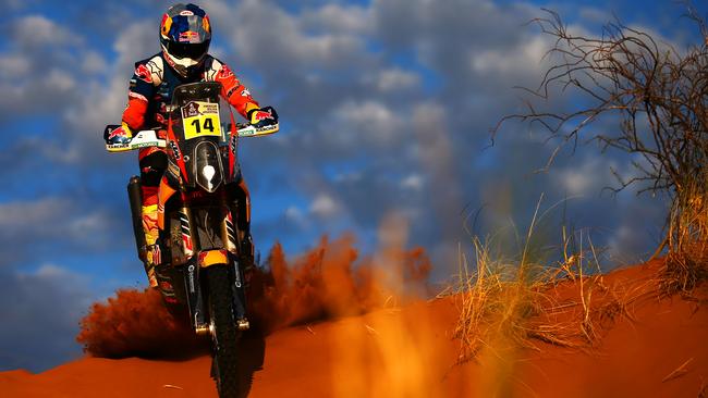 Sam Sunderland rides during Stage 11 of the Dakar Rally, nearing an overall race victory.