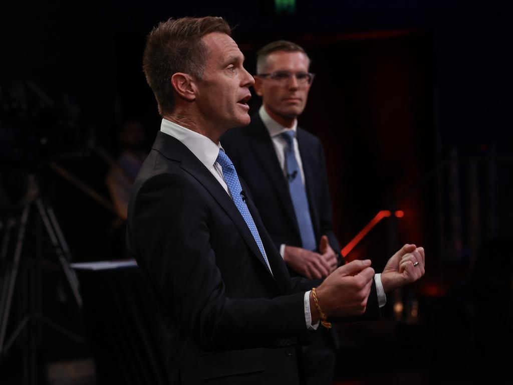 Chris Minns and Dominic Perrottet during the Sky News debate. Picture: Justin Lloyd