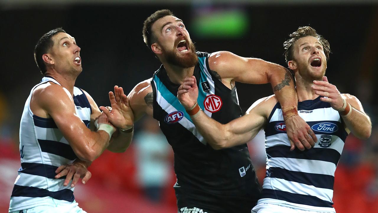 The Power’s Charlie Dixon was kept quiet by the Geelong defence. Picture: Jono Searle/AFL Photos/via Getty Images