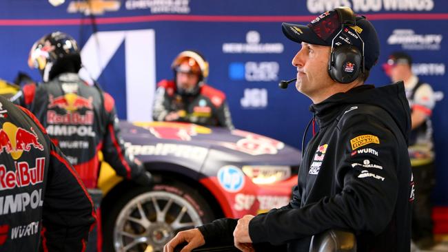 Jamie Whincup reacts after the Triple Eight Chevrolet Camaro driven by Broc Feeney pulled into the garage due to mechanical issues during the 2023 Bathurst 1000. Picture: Getty