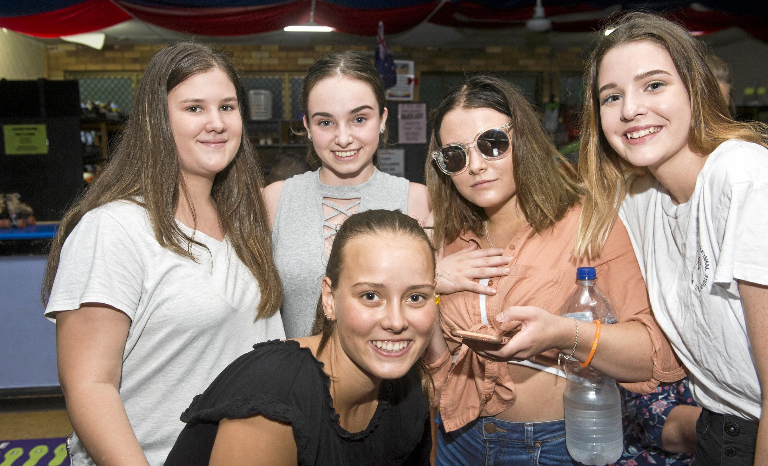 ( From left ) Kiana Curtis, Eliza Chappell, Elina Schmidt, Keeley Crothers and Paige Bazza ( in front )  at Skate City. Sunday, 28th Jan, 2018. Picture: Nev Madsen