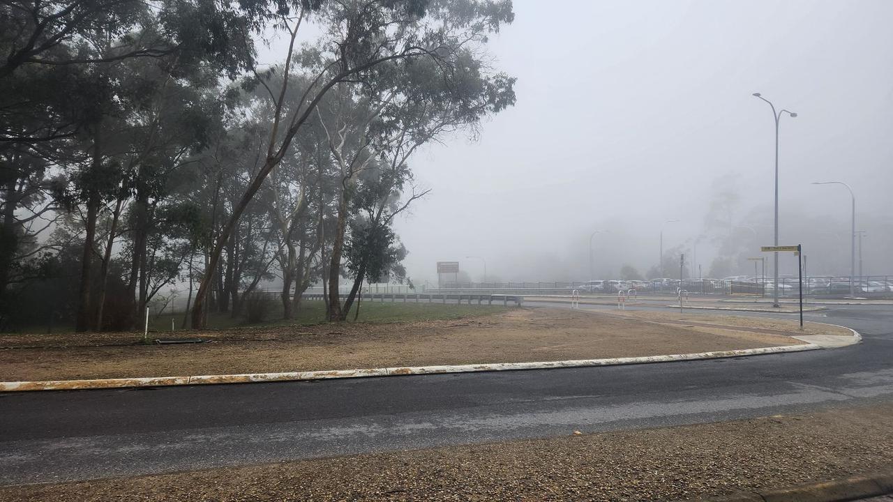 Thick fog on the South Eastern Freeway at Crafers on Tuesday. Picture: Lynton Grace