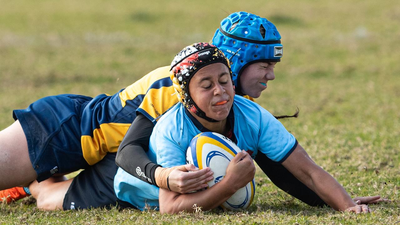 Action from the girls NSW 1 v ACT game with NSW’s Imagele Tuesley scoring. Picture: Julian Andrews