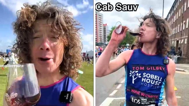 TikTok star Tom Gilbey has gone viral after drinking wine at every mile of the London Marathon. Pic: TikTok