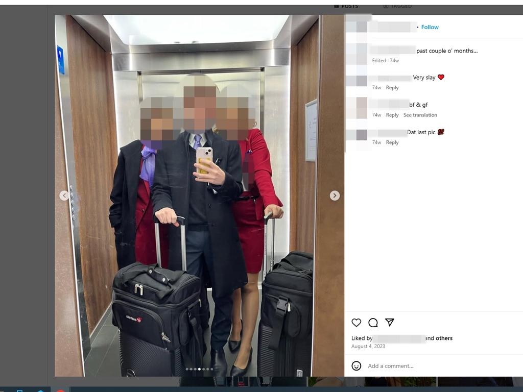 Virgin crew aboard an aircraft pose in a photo shared in a social media post. It is not suggested any of the staff pictured have engaged in any inappropriate conduct such as drinking alcohol while at work or absenteeism.