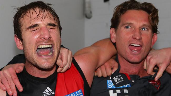 Jobe Watson and James Hird celebrate an Essendon win together. Picture: Getty Images