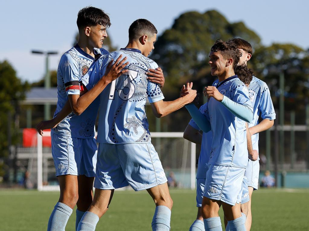 Germaine Wright celebrates a goal. Picture: Michael Gorton. U16 Boys NAIDOC Cup at Lake Macquarie Regional Football Facility.