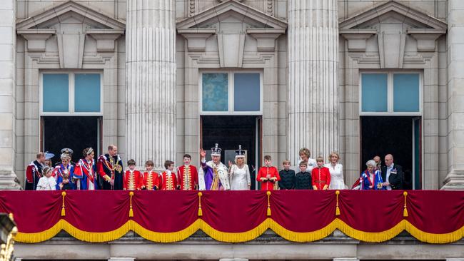 The royal family appears on the balcony during the Coronation of King Charles III and Queen Camilla at Buckingham Palace in London, England. Picture: Getty Images.