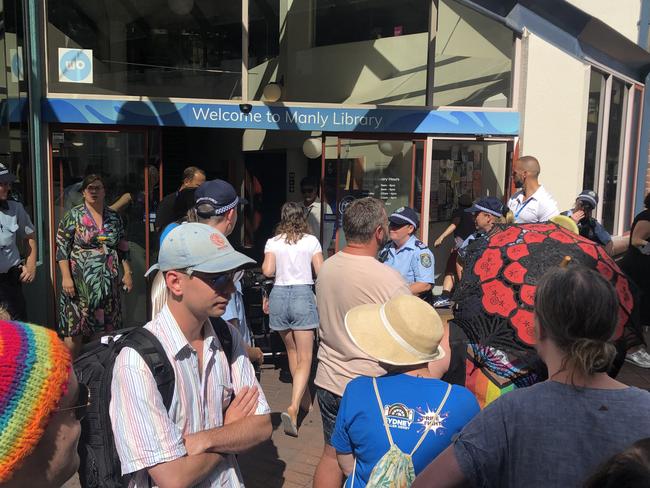 Protests outside Manly Library at a 