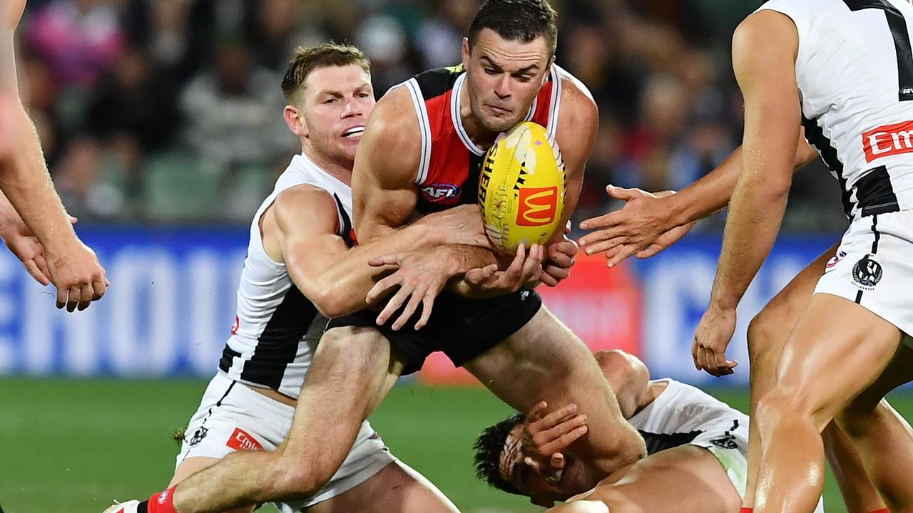 Collingwood’s Taylor Adams was given a one-match ban for a dangerous tackle. Picture: Mark Brake / Getty Images