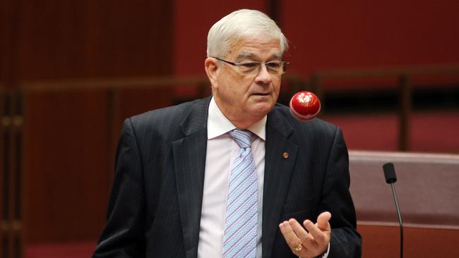 Job PD900844: One Nation Senators, Pauline Hanson with NSW senator Brian Burston and WA Senator Peter Georgiou in the Senate chamber in Parliament House in Canberra. Picture Gary Ramage