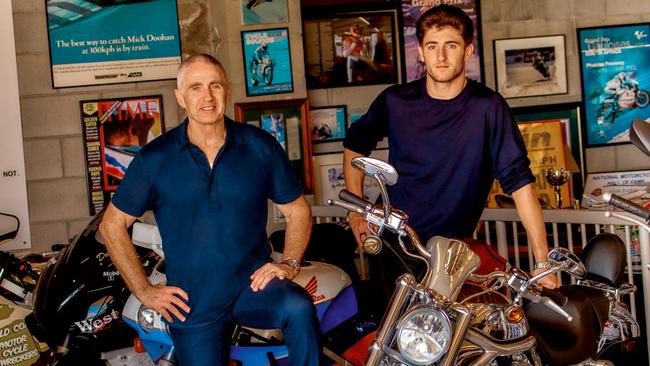 Jack (R) and Mick Doohan at home on the Gold Coast. Picture: Adrian Mesko