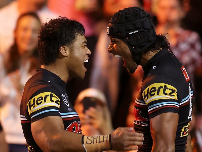 PENRITH, AUSTRALIA - MARCH 03: Brian ToÃ¢â¬â¢o and Stephen Crichton of the Panthers celebrate Stephen Crichton scoring a try during the round NRL match between the Penrith Panthers and the Brisbane Broncos at BlueBet Stadium on March 03, 2023 in Penrith, Australia. (Photo by Mark Kolbe/Getty Images)