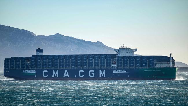 The "CMA CGM Palais Royal", the world's largest container's ship says that, like Maersk and Hapag-Lloyd, it was suspending container ship crossings of the Red Sea following attacks on vessels by Yemen's Houthi rebels. Picture: AFP