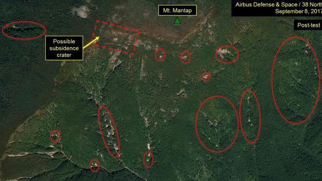 Satellite imagery of the Punggye-ri nuclear test site in North Korea: the red circles indicate landslides. Picture: 38North.