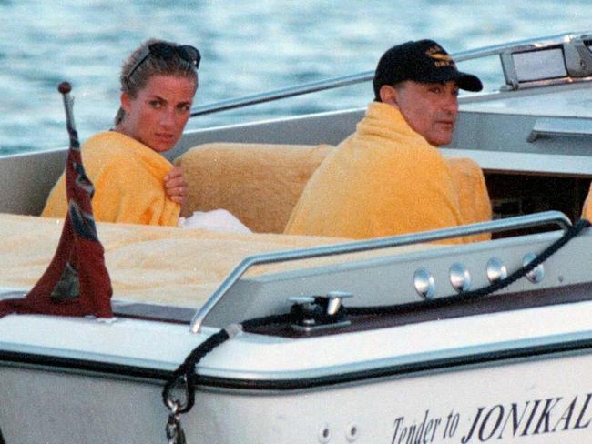 Mohamed Al Fayed’s son, Dodi, pictured with Princess Diana in Sardinia shortly before they died in a car accident in 1997. Picture: Supplied