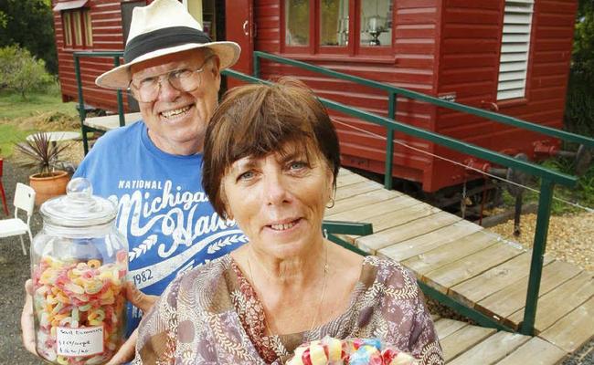 Jerry and Martine Van Walsum of Kalbar Central sell lollies and antiques out of a tram and train car. . Picture: David Nielsen