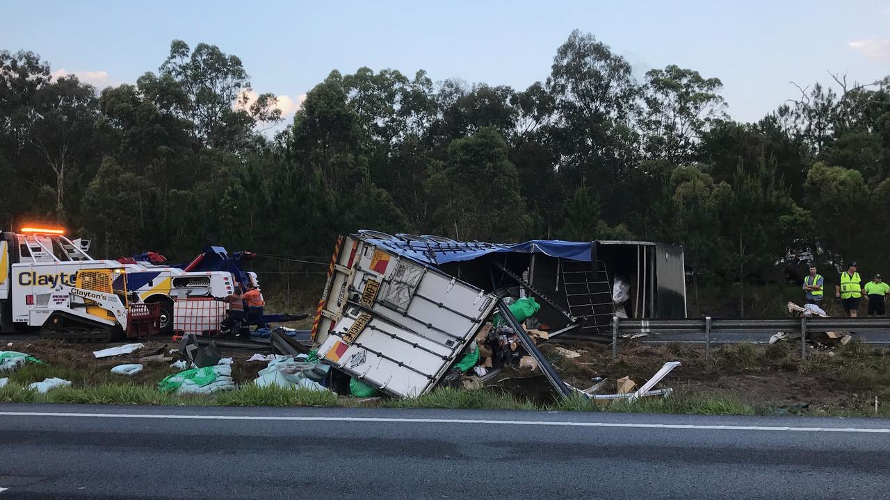 The truck rollover blocked all northbound lanes at Landsborough. Picture: Bruce Long
